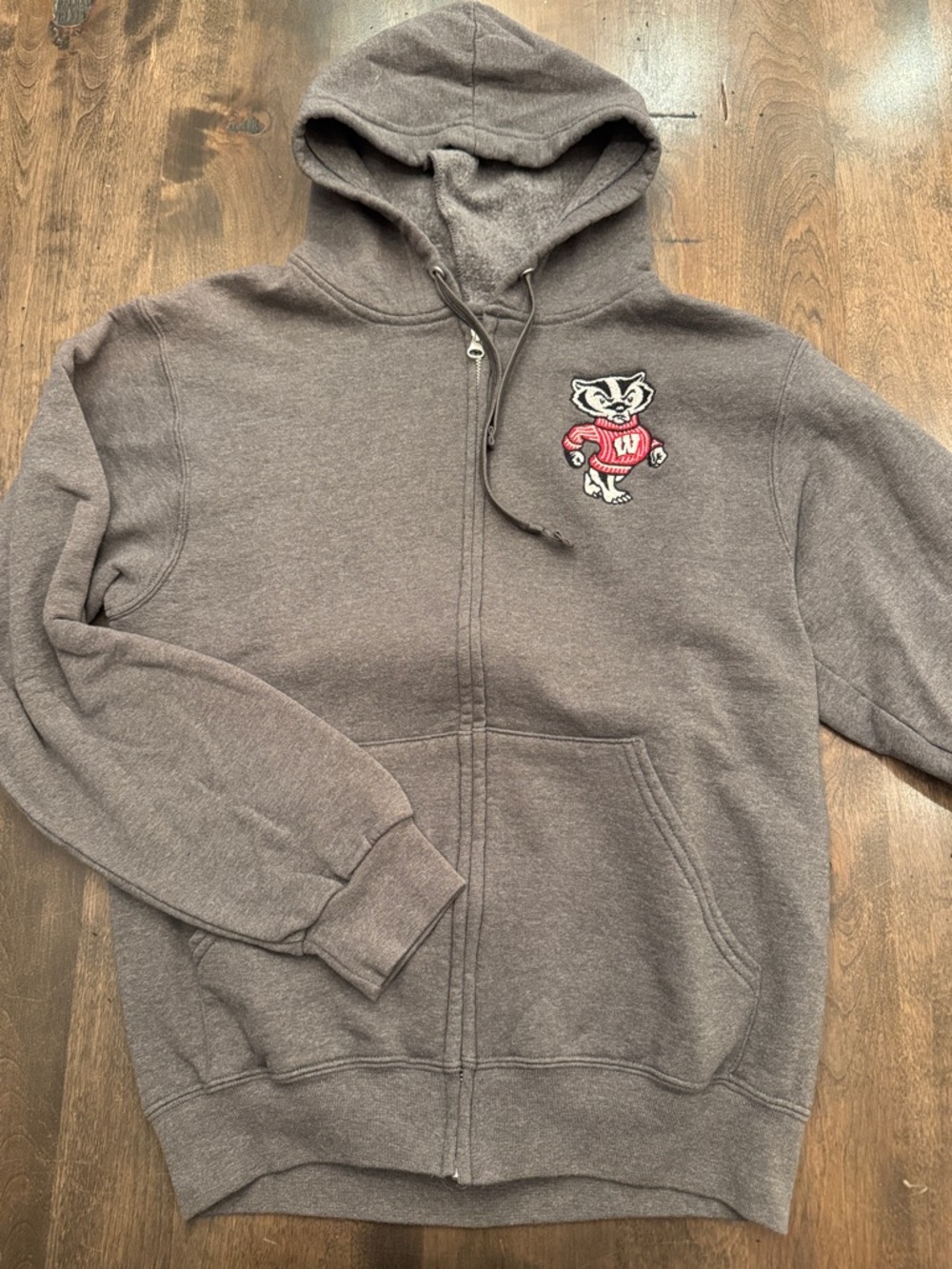 Vintage Fruit of the Loom Gray Zip-Up Bucky Badger Hoodie.